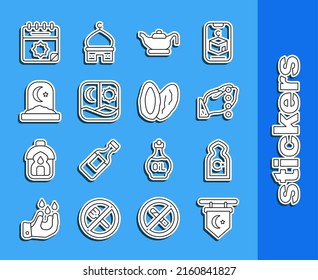 Set line Star and crescent, Muslim Mosque, Hands in praying position, Oil lamp, Ramadan fasting, cemetery, calendar and Date fruit icon. Vector