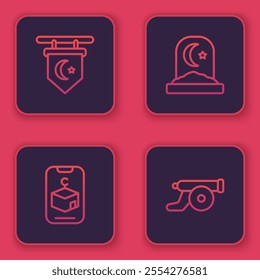 Set line Star and crescent, , Muslim cemetery and Ramadan cannon. Blue square button. Vector