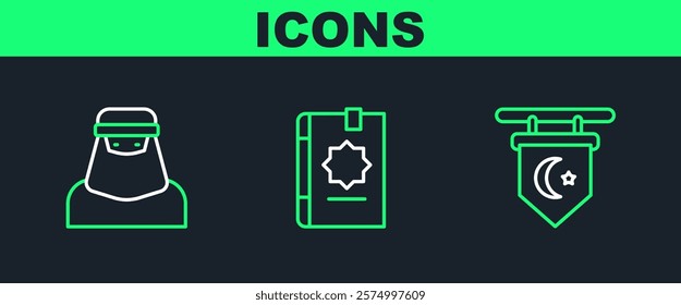 Set line Star and crescent, Muslim woman in niqab and Holy book of Koran icon. Vector