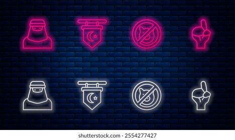 Set line Star and crescent, No pig, Muslim woman in niqab and Hands praying position. Glowing neon icon on brick wall. Vector