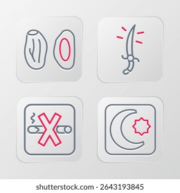 Set line Star and crescent, No Smoking, Arabian saber and Date fruit icon. Vector