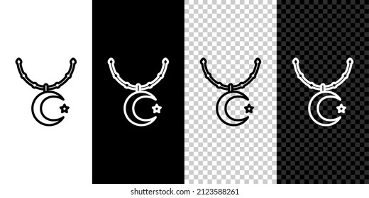 Set line Star and crescent on chain - symbol of Islam icon isolated on black and white,transparent background. Religion symbol.  Vector