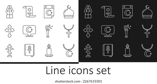 Set line Star and crescent on chain, Christian cross, Hands praying position, Aspergillum and Torah scroll icon. Vector