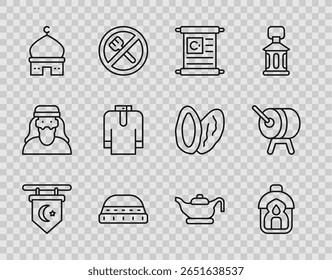 Set line Star and crescent, Ramadan Kareem lantern, Holy book of Koran, Muslim hat for prayer, Mosque, Shirt kurta, Oil lamp and drum icon. Vector
