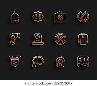 Set line Star and crescent, Rosary beads religion, Muslim Mosque, Ramadan Kareem lantern, fasting, cemetery, Shirt kurta and  icon. Vector