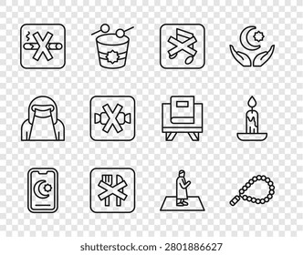 Set line Star and crescent, Rosary beads religion, Speaker mute, Ramadan fasting, No Smoking, sweets, Muslim man prays and Burning candle icon. Vector
