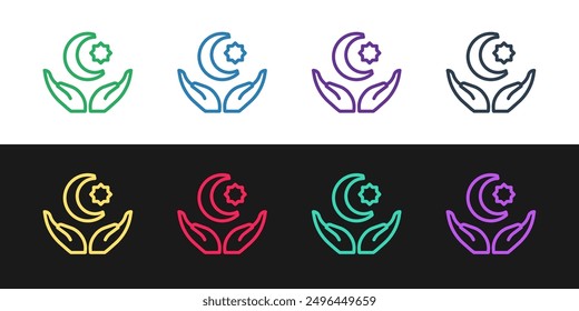 Set line Star and crescent - symbol of Islam icon isolated on black and white background. Religion symbol.  Vector