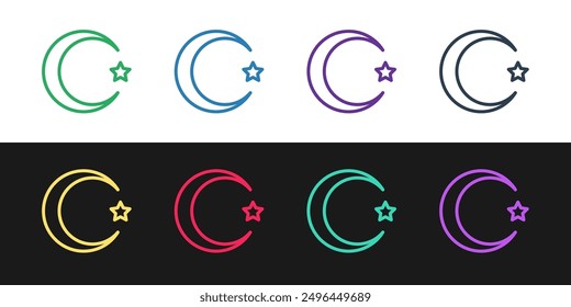 Set line Star and crescent - symbol of Islam icon isolated on black and white background. Religion symbol.  Vector