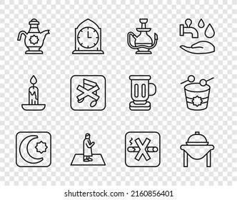 Set line Star and crescent, Table food, Hookah, Muslim man prays, Islamic teapot, Speaker mute, No Smoking and Ramadan drum icon. Vector