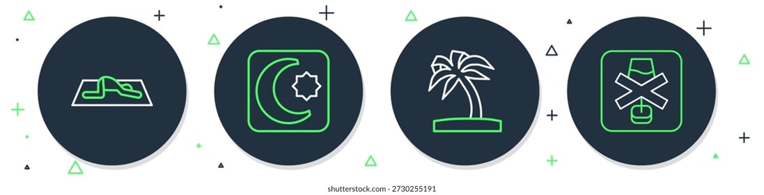 Estrella y media luna, palmera tropical, hombre musulmán reza y no hay icono de alcohol. Vector