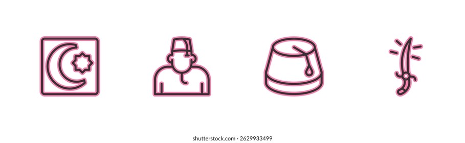 Set Linie Stern und Halbmond, türkischer Hut, muslimischer Mann und arabische Säbelsymbol. Vektorgrafik