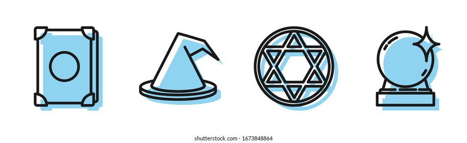 Línea Estrella de David, libro de magia de la antigüedad, sombrero de bruja e icono de bola mágica. Vector