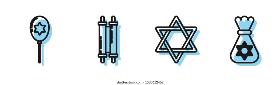 Set line Star of David, Balloons with ribbon with star of david, Torah scroll and Jewish money bag with star of david icon. Vector