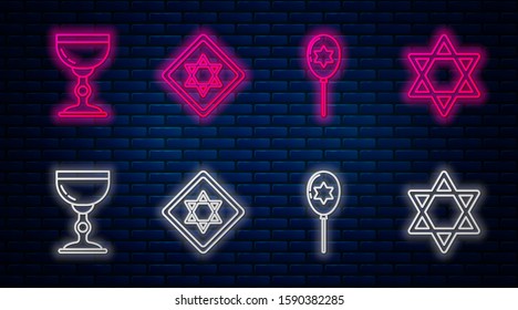 Set line Star of David, Balloons with ribbon with star of david, Jewish goblet and Star of David. Glowing neon icon on brick wall. Vector