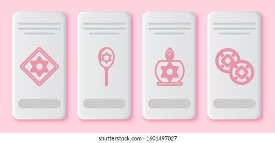 Set line Star of David, Balloons with ribbon with star of david, Burning candle in candlestick with star of david and Jewish coin. White rectangle button. Vector