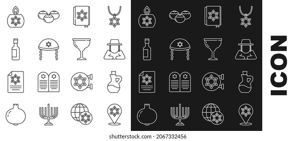 Set line Star of David, Bottle olive oil, Orthodox jewish hat, Jewish torah book, kippah, wine bottle, Burning candle and goblet icon. Vector
