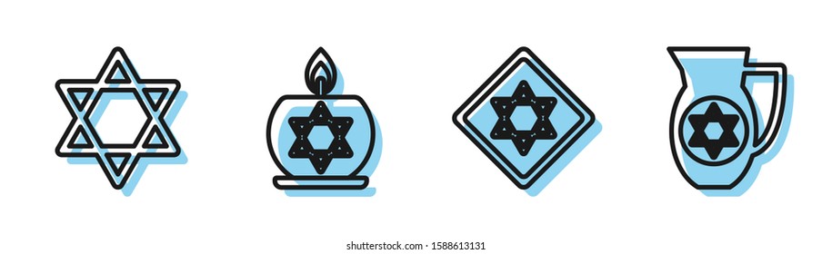 Set line Star of David, Star of David, Burning candle in candlestick with star of david and Decanter with star of david icon. Vector