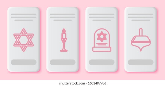 Set line Star of David, Burning candle in candlestick, Tombstone with star of david and Hanukkah dreidel. White rectangle button. Vector