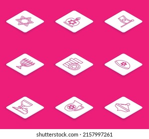 Set line Star of David, Burning candle in candlestick with star david, Flag Israel, Hanukkah menorah, Jewish coin, kippah, goblet hanukkah sufganiyot and Decanter icon. Vector