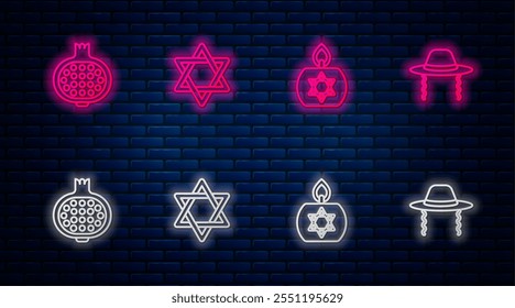 Set-Linie Stern von David, Brennende Kerze, Granatapfel und orthodoxen jüdischen Hut. Leuchtendes Neonsymbol an der Ziegelwand. Vektorgrafik