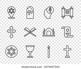 Set line Star of David, Christian cross, Cross ankh, Holy grail or chalice, book Koran, Burning candle and Torah scroll icon. Vector