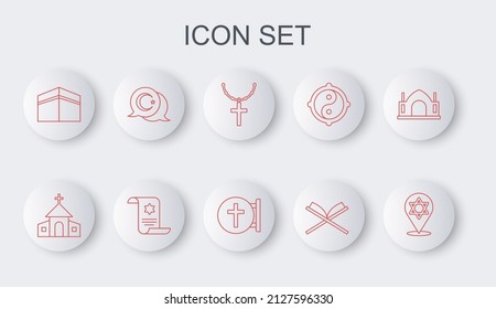 Set line Star of David, Church building, Christian cross on chain, Holy book Koran, Kaaba mosque, and crescent, Torah scroll and icon. Vector