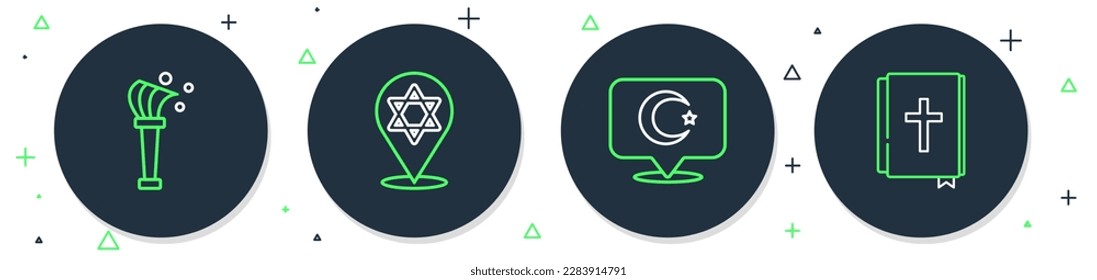 Fijar la línea Estrella de David, y la creciente, Aspergillum y el icono del libro de la Biblia Santa. Vector