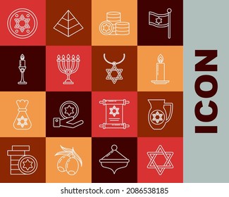 Set line Star of David, Decanter with star david, Burning candle in candlestick, Jewish coin, Hanukkah menorah,  and necklace on chain icon. Vector