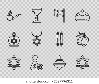 Set-Linie Stern von David, Flagge Israel, jüdische Geldtasche mit Stern david und Münze, Rauchrohr Rauch, Halskette Kette, Hanukkah dreidel und Oliven Zweig Ikone. Vektorgrafik