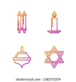 Set line Star of David, Hanukkah dreidel, Torah scroll and Burning candle in candlestick. Gradient color icons. Vector