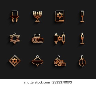 Set line Star of David, Hanukkah dreidel, Orthodox jewish hat with sidelocks, and coin, Jewish, Burning candle candlestick and Torah scroll icon. Vector