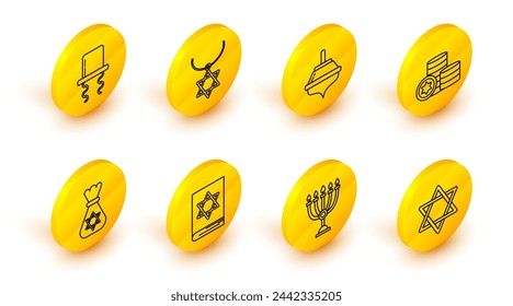 Set line Star of David, Hanukkah menorah, Jewish torah book, money bag with star david, coin, dreidel, necklace chain and Orthodox jewish hat sidelocks icon. Vector