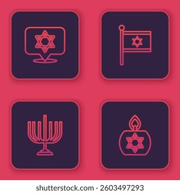 Set line Star of David, Hanukkah menorah, Flag Israel and Burning candle. Blue square button. Vector