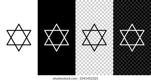 Conjunto de línea de icono de estrella de David aislado en fondo blanco y negro. Símbolo de la religión judía. Símbolo de Israel.  Ilustración vectorial