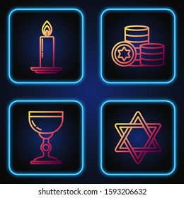 Set line Star of David, Jewish goblet, Burning candle in candlestick and Jewish coin. Gradient color icons. Vector