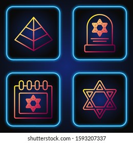 Set line Star of David, Jewish calendar with star of david, Egypt pyramids and Tombstone with star of david. Gradient color icons. Vector