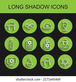 Set line Star of David, Jewish wine bottle, Orthodox jewish hat, Torah scroll,  and Burning candle icon. Vector