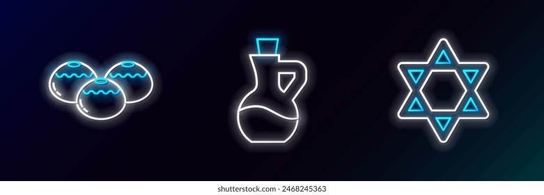 Set line Star of David, Jewish sweet bakery and Bottle olive oil icon. Glowing neon. Vector