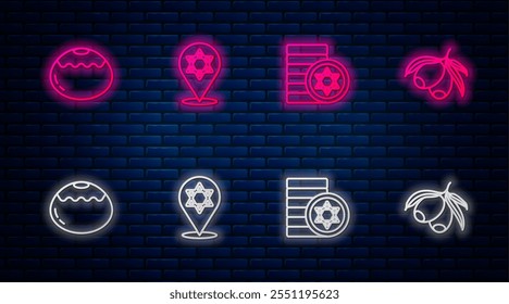 Set line Star of David, Jewish coin, sweet bakery and Olives branch. Glowing neon icon on brick wall. Vector