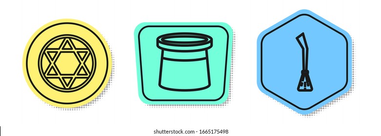 Set line Star of David, Magician hat and Witches broom. Colored shapes. Vector