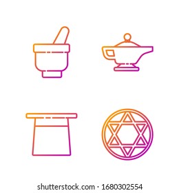Set line Star of David, Magician hat, Magic mortar and pestle and Magic lamp or Aladdin. Gradient color icons. Vector