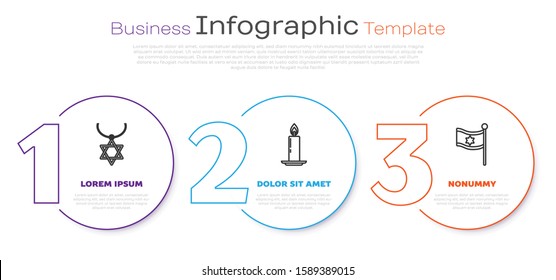 Set line Star of David necklace on chain, Burning candle in candlestick and Flag of Israel. Business infographic template. Vector