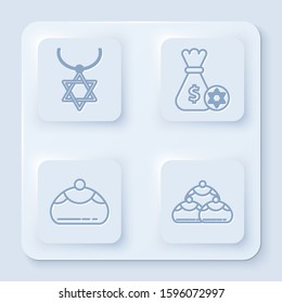 Set line Star of David necklace on chain, Jewish money bag with star of david and coin, Jewish sweet bakery and Jewish sweet bakery. White square button. Vector