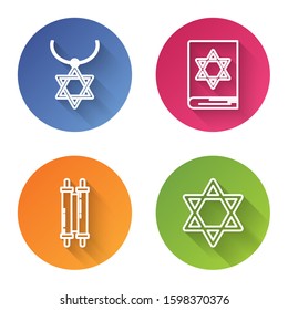 Set line Star of David necklace on chain, Jewish torah book, Torah scroll and Star of David. Color circle button. Vector