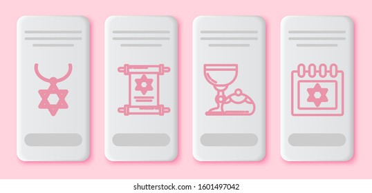 Set line Star of David necklace on chain, Torah scroll, Jewish goblet and hanukkah sufganiyot and Jewish calendar with star of david. White rectangle button. Vector
