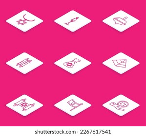 Set line Star of David Halskette auf Kette, Brennende Kerze Kerze, Hanukah-Dreieck, Torah-Scroll, jüdische Geldtasche mit Sternendavid, Ägypten Pyramiden und Flagge Israel Symbol. Vektorgrafik