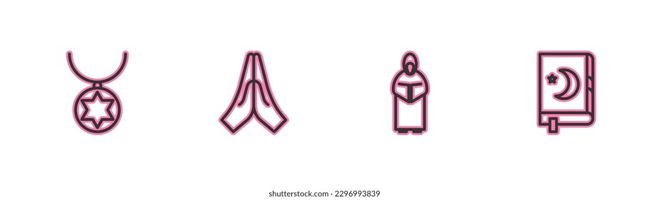 Set line Star of David necklace on chain, Monk, Hands praying position and Holy book Koran icon. Vector