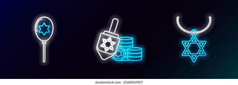 Set line Star of David necklace on chain, Balloons with ribbon with star david and Hanukkah dreidel and coin icon. Glowing neon. Vector