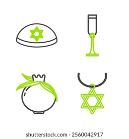 Set line Star of David necklace on chain, Pomegranate, Jewish goblet and kippah with star david icon. Vector