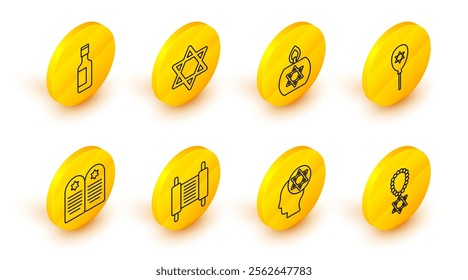 Set line Star of David necklace on chain, Orthodox jewish hat, Torah scroll, Tombstone with star david, Balloon, Burning candle,  and Jewish wine bottle icon. Vector